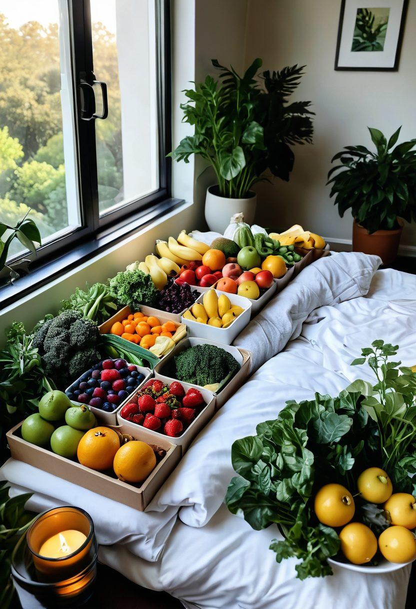 A serene landscape depicting a balanced meal prep with vibrant fruits and vegetables on one side, while a calming space for emotional support with soft cushions, soothing candles, and plants on the other. Include a gentle sunrise in the background symbolizing new beginnings, and subtle elements of healthy living like workout gear and books. Create an inviting and harmonious atmosphere. super-realistic. vibrant colors. soothing ambiance.