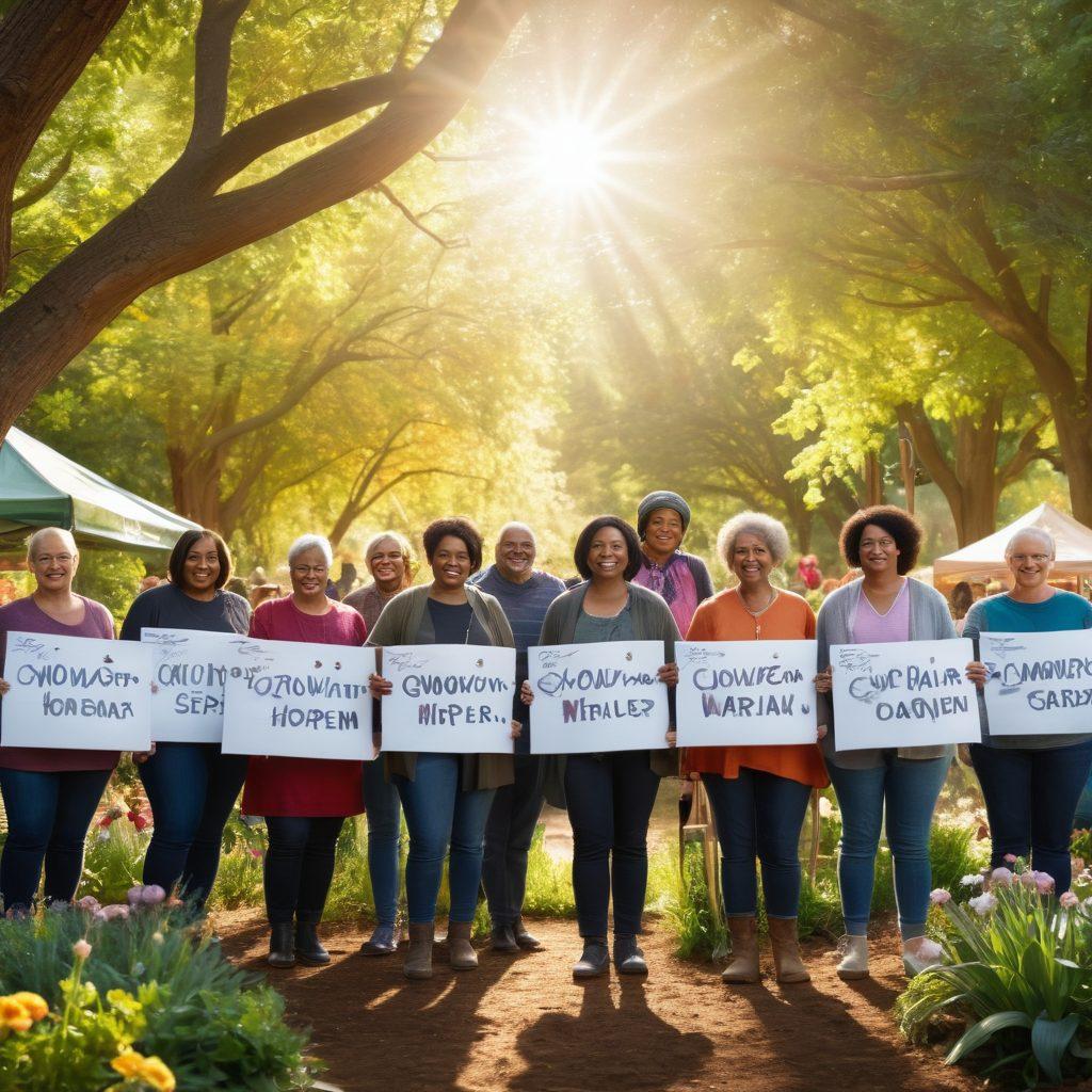 A diverse group of cancer survivors standing together, each holding signs of hope and empowerment, surrounded by a vibrant community garden symbolizing support and growth. The scene is filled with sunlight filtering through trees, creating a warm and inviting atmosphere. In the background, a banner reads 'Empowerment and Advocacy'. super-realistic. vibrant colors. warm lighting.