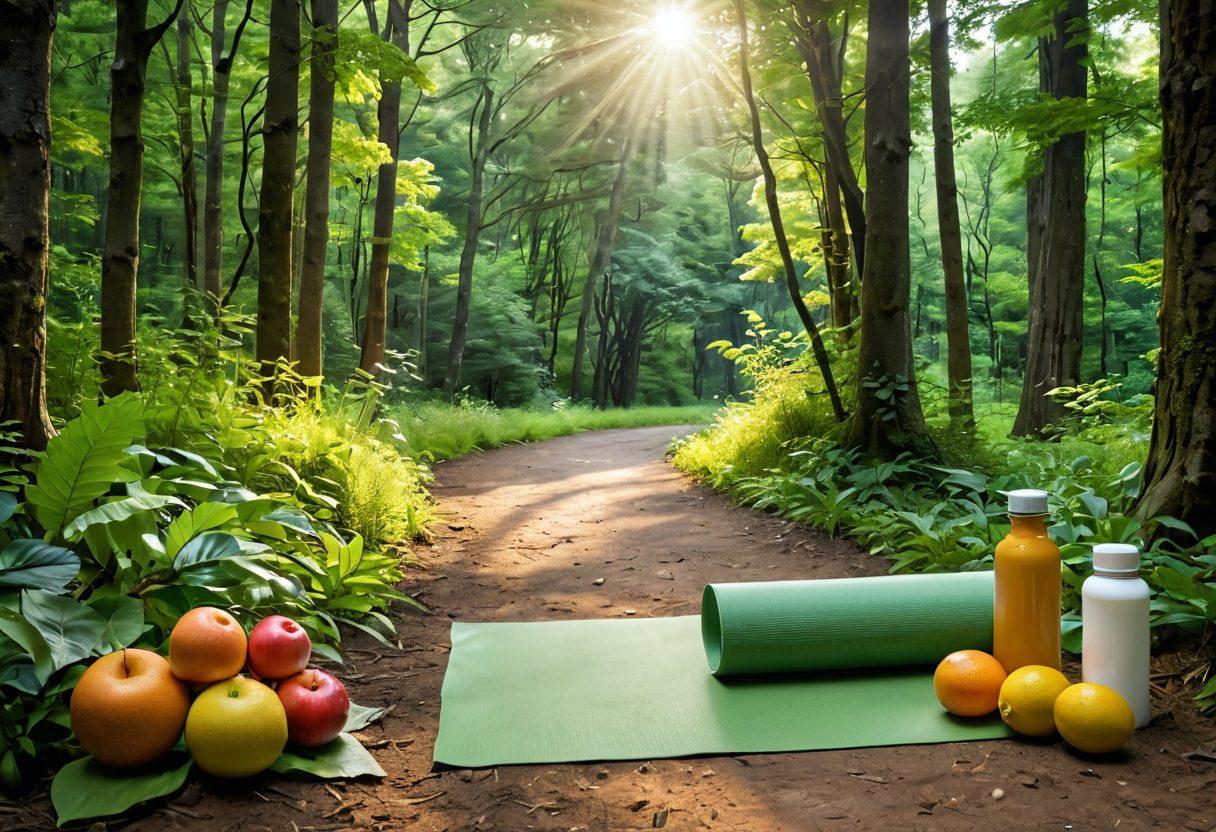 A serene landscape symbolizing hope, featuring a path winding through a lush green forest with hints of sunlight filtering through the trees. Along the path, icons representing cancer treatment (like a stethoscope and a pill bottle), wellness (a yoga mat and fresh fruits), and advocacy (a megaphone and a ribbon) are scattered. The image should evoke feelings of progress and support, blending nature with health elements. super-realistic. vibrant colors. 3D.